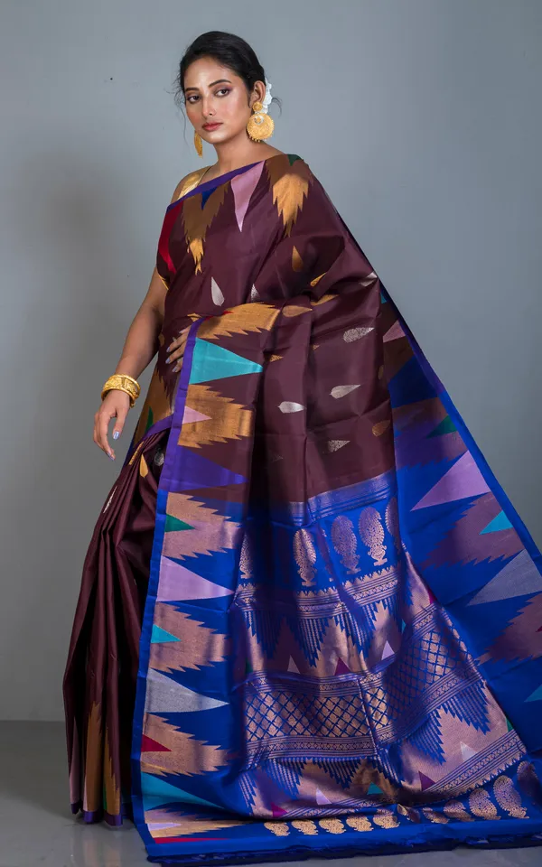 Exclusive_Mahapar_Crowned_Temple_Border_Gadwal_Silk_Saree_In_Dark_Wine_Royal_Blue_Golden_And_Multicolor_Weave