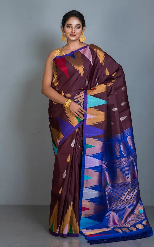 Exclusive_Mahapar_Crowned_Temple_Border_Gadwal_Silk_Saree_In_Dark_Wine_Royal_Blue_Golden_And_Multicolor_Weave