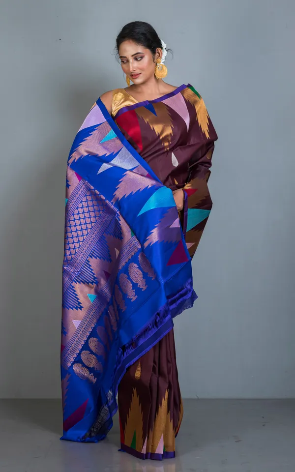 Exclusive_Mahapar_Crowned_Temple_Border_Gadwal_Silk_Saree_In_Dark_Wine_Royal_Blue_Golden_And_Multicolor_Weave