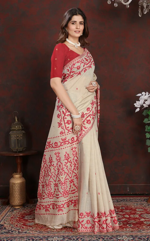 Tantuja_Inspired_Traditional_Karat_Needle_Nakshi_Work_Soft_Jamdani_Saree_In_Ecru_And_Red