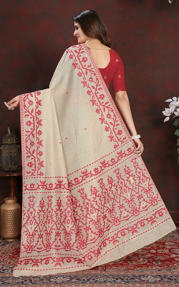 Tantuja_Inspired_Traditional_Karat_Needle_Nakshi_Work_Soft_Jamdani_Saree_In_Ecru_And_Red