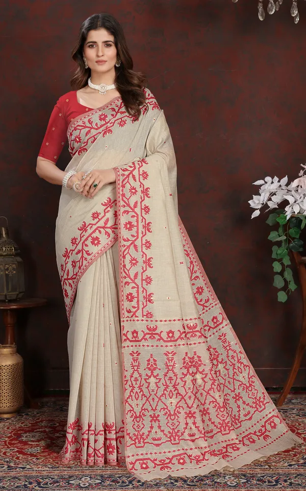 Tantuja_Inspired_Traditional_Karat_Needle_Nakshi_Work_Soft_Jamdani_Saree_In_Ecru_And_Red