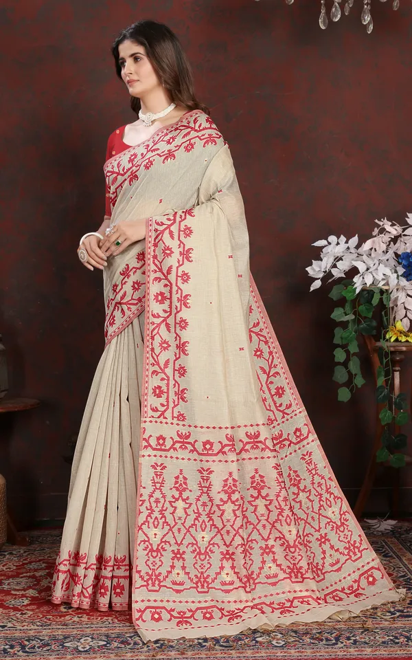Tantuja_Inspired_Traditional_Karat_Needle_Nakshi_Work_Soft_Jamdani_Saree_In_Ecru_And_Red