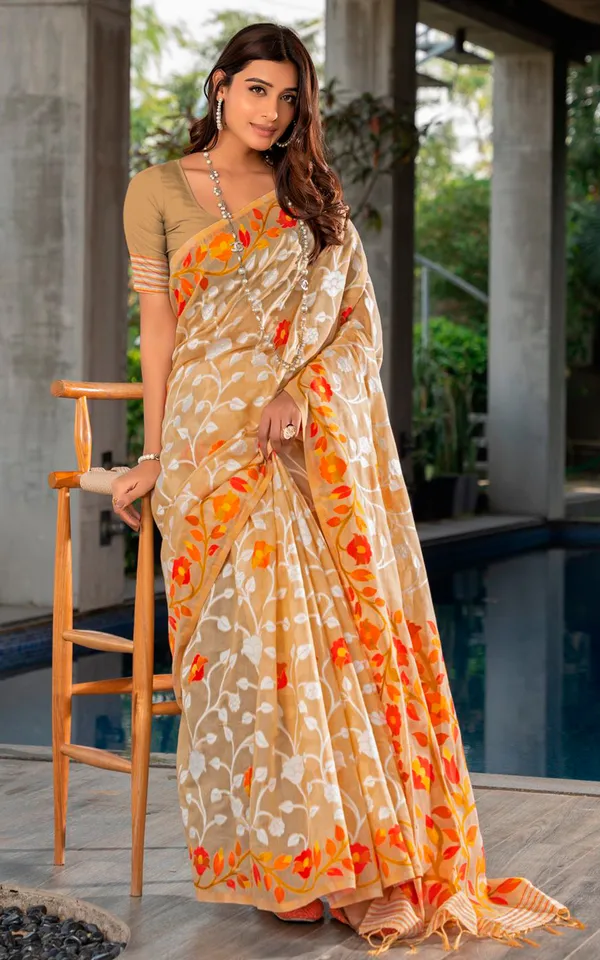Tantuja_Inspired_Traditional_Woven_Floral_Nakshi_Soft_Jamdani_Saree_In_Buff_Red_Orange_Yellow_Mustard_And_Off_White