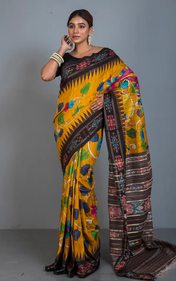 Hand_Painted_Pen_Kalamkari_Over_Sambalpuri_Tussar_Kotki_Silk_Saree_In_Golden_Yellow_Mahogany_Brown_And_Multicolor