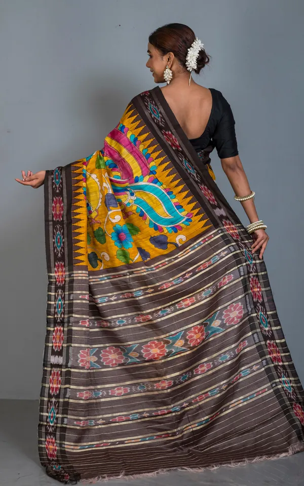 Hand_Painted_Pen_Kalamkari_Over_Sambalpuri_Tussar_Kotki_Silk_Saree_In_Golden_Yellow_Mahogany_Brown_And_Multicolor