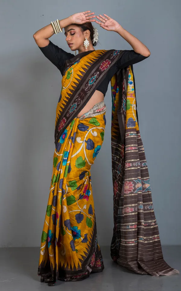 Hand_Painted_Pen_Kalamkari_Over_Sambalpuri_Tussar_Kotki_Silk_Saree_In_Golden_Yellow_Mahogany_Brown_And_Multicolor