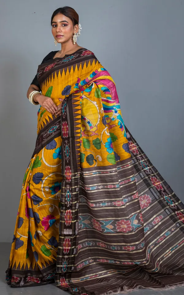 Hand_Painted_Pen_Kalamkari_Over_Sambalpuri_Tussar_Kotki_Silk_Saree_In_Golden_Yellow_Mahogany_Brown_And_Multicolor