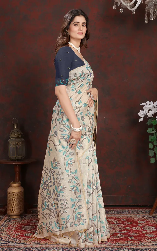 Tantuja_Inspired_Traditional_Floral_Nakshi_Jaal_Work_Soft_Jamdani_Saree_In_Beige_Sea_Green_And_Brown