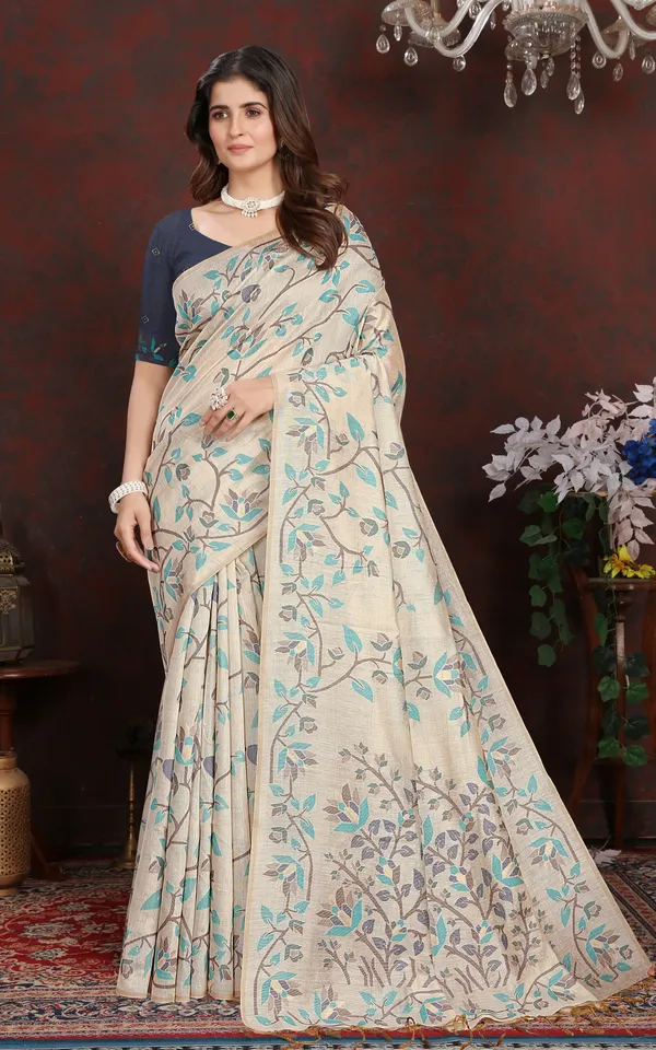 Tantuja_Inspired_Traditional_Floral_Nakshi_Jaal_Work_Soft_Jamdani_Saree_In_Beige_Sea_Green_And_Brown