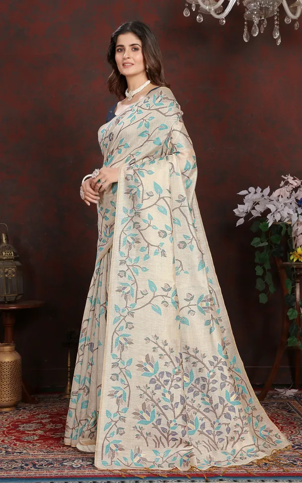 Tantuja_Inspired_Traditional_Floral_Nakshi_Jaal_Work_Soft_Jamdani_Saree_In_Beige_Sea_Green_And_Brown