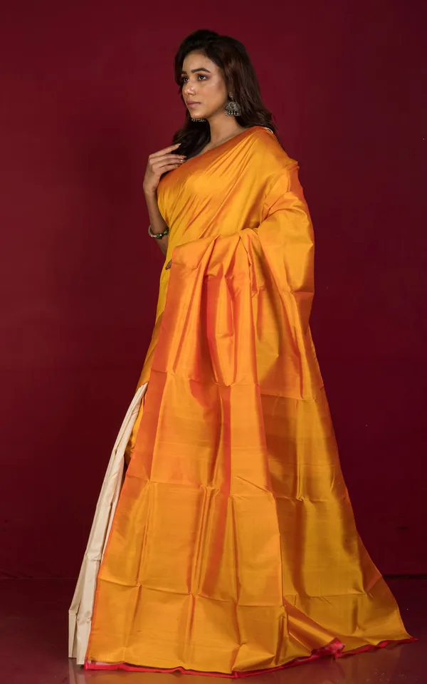 Designer_Half_Bishnupuri_Katan_Pure_Silk_And_Half_Gachi_Tussar_Silk_Saree_In_Amber_Yellow_And_Beige