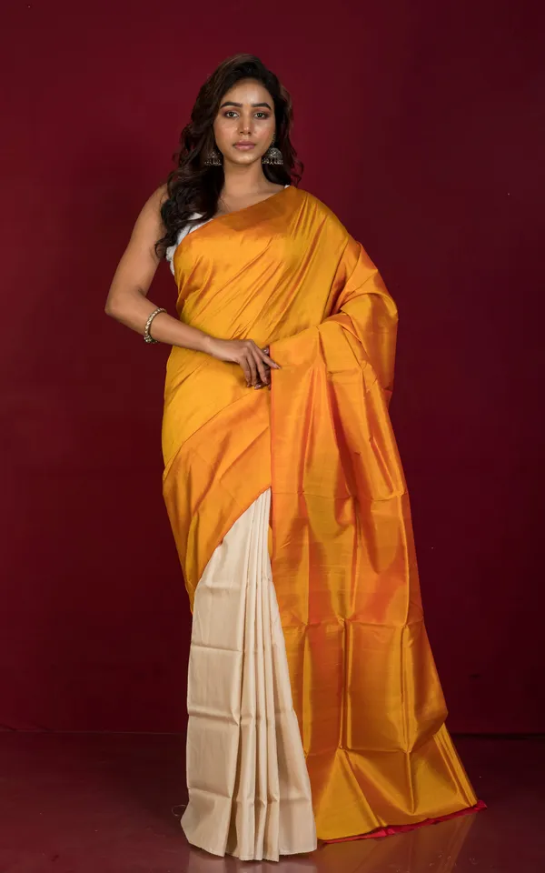Designer_Half_Bishnupuri_Katan_Pure_Silk_And_Half_Gachi_Tussar_Silk_Saree_In_Amber_Yellow_And_Beige