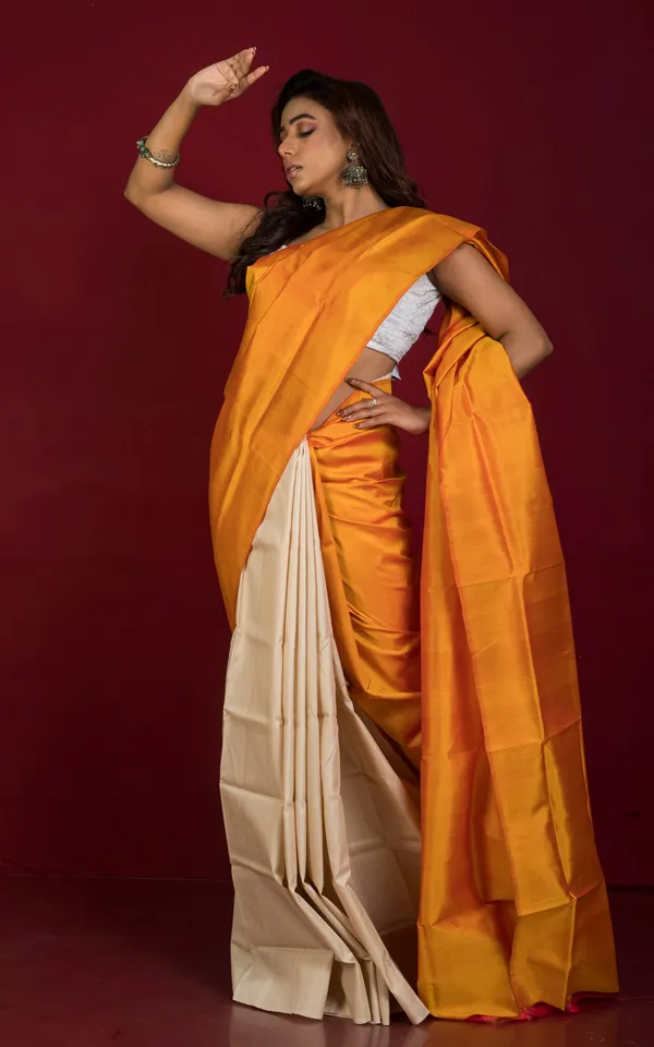 Designer_Half_Bishnupuri_Katan_Pure_Silk_And_Half_Gachi_Tussar_Silk_Saree_In_Amber_Yellow_And_Beige