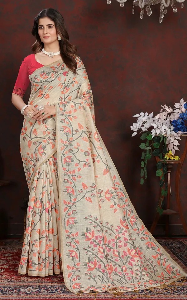 Tantuja_Inspired_Traditional_Floral_Nakshi_Jaal_Work_Soft_Jamdani_Saree_In_Beige_Orange_Black_And_Multicolor