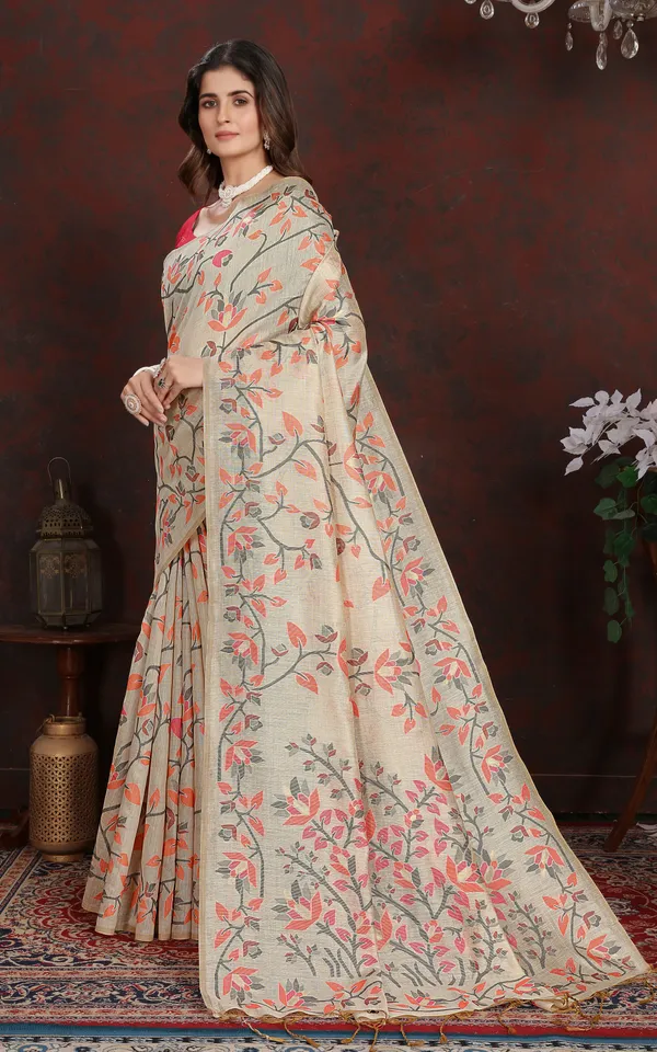 Tantuja_Inspired_Traditional_Floral_Nakshi_Jaal_Work_Soft_Jamdani_Saree_In_Beige_Orange_Black_And_Multicolor