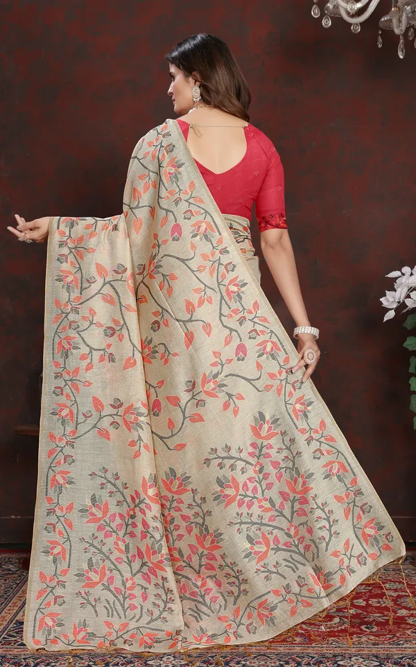 Tantuja_Inspired_Traditional_Floral_Nakshi_Jaal_Work_Soft_Jamdani_Saree_In_Beige_Orange_Black_And_Multicolor