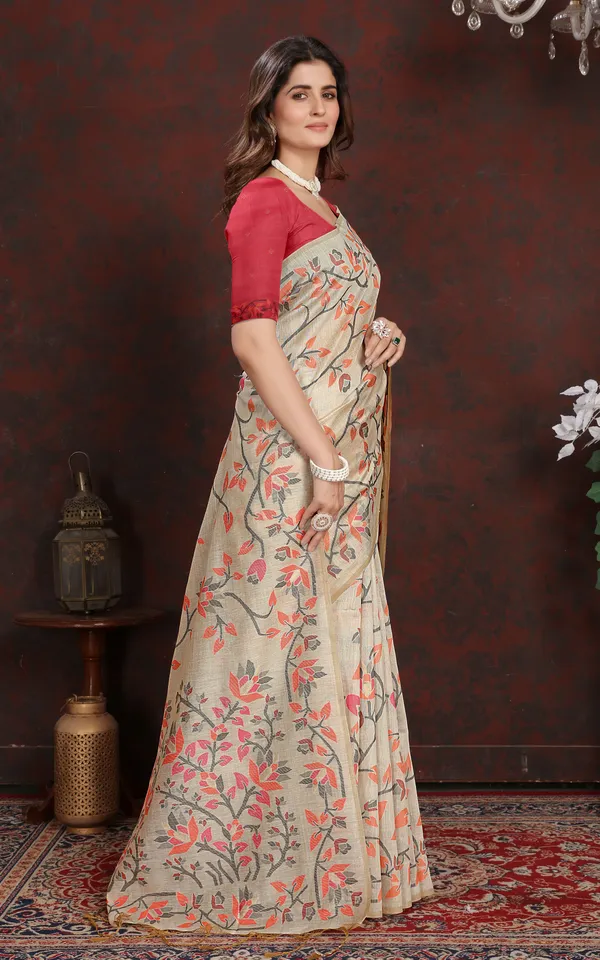 Tantuja_Inspired_Traditional_Floral_Nakshi_Jaal_Work_Soft_Jamdani_Saree_In_Beige_Orange_Black_And_Multicolor