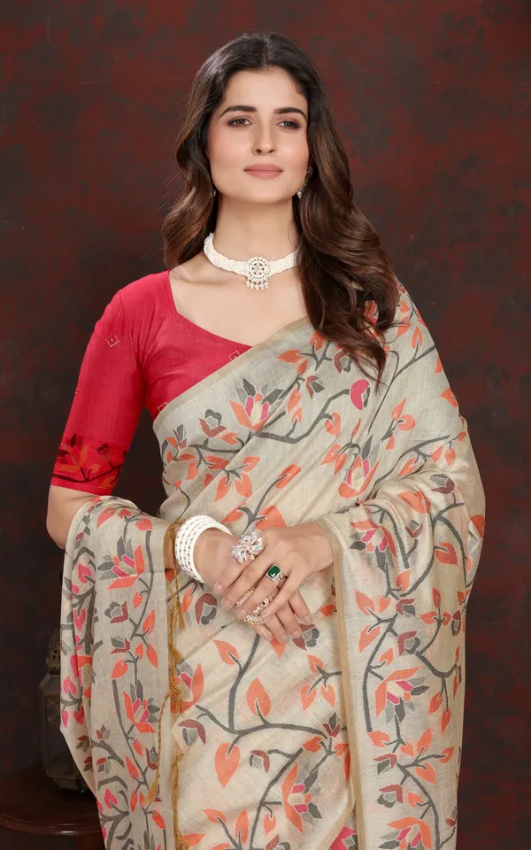 Tantuja_Inspired_Traditional_Floral_Nakshi_Jaal_Work_Soft_Jamdani_Saree_In_Beige_Orange_Black_And_Multicolor