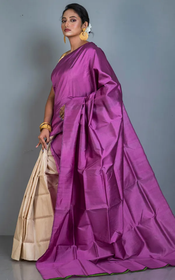 Designer_Half_Bishnupuri_Katan_Pure_Silk_And_Half_Gachi_Tussar_Silk_Saree_In_Purple_And_Beige