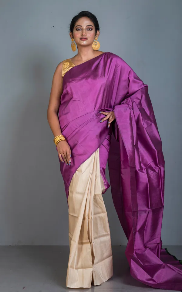 Designer_Half_Bishnupuri_Katan_Pure_Silk_And_Half_Gachi_Tussar_Silk_Saree_In_Purple_And_Beige