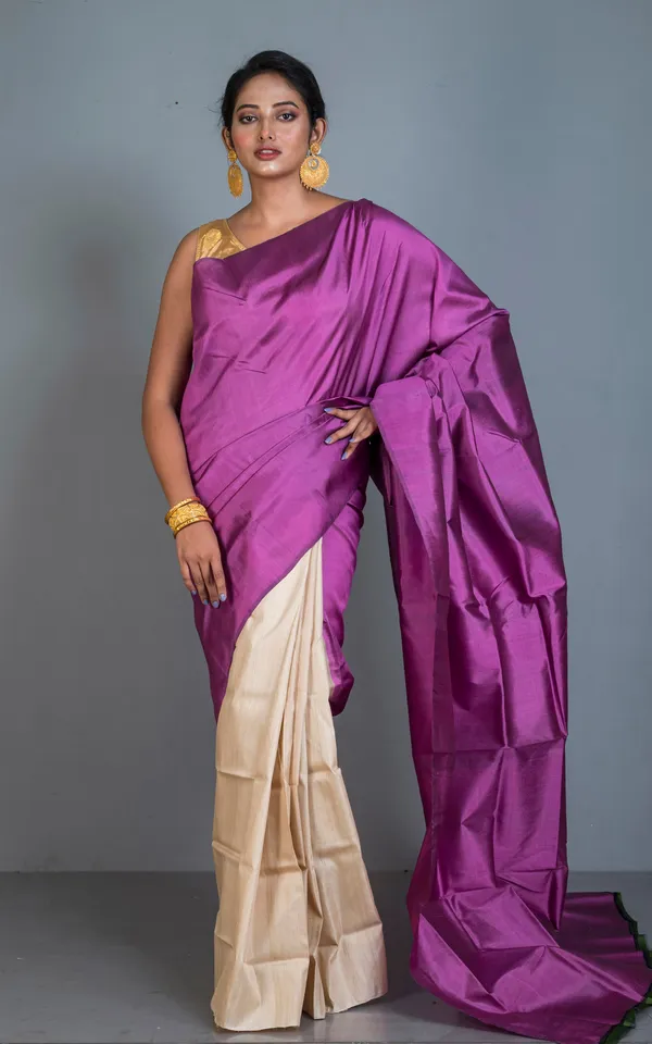 Designer_Half_Bishnupuri_Katan_Pure_Silk_And_Half_Gachi_Tussar_Silk_Saree_In_Purple_And_Beige
