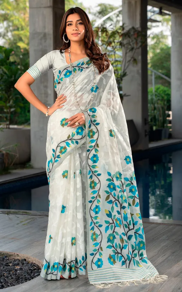 Tantuja_Inspired_Traditional_Woven_Floral_Nakshi_Soft_Jamdani_Saree_In_White_Green_Blue_And_Multicolor