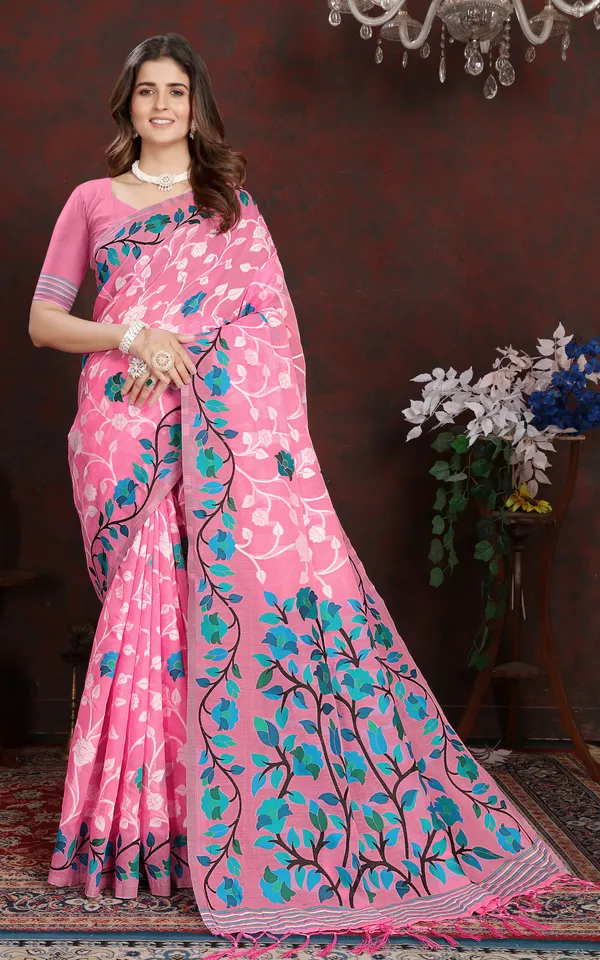 Tantuja_Inspired_Traditional_Woven_Floral_Nakshi_Soft_Jamdani_Saree_In_Pink_Off_White_Blue_And_Multicolor