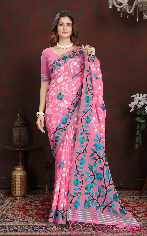 Tantuja_Inspired_Traditional_Woven_Floral_Nakshi_Soft_Jamdani_Saree_In_Pink_Off_White_Blue_And_Multicolor