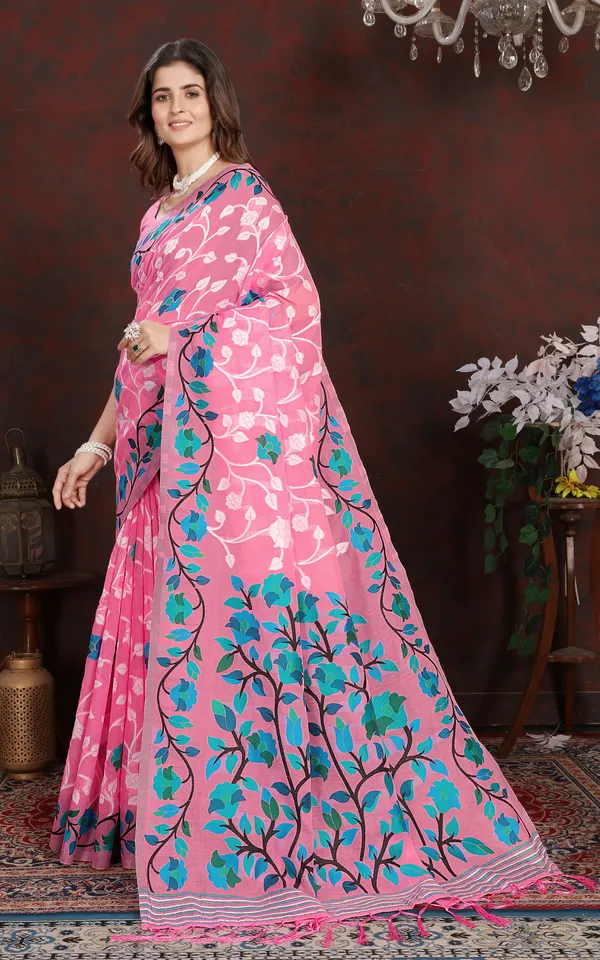 Tantuja_Inspired_Traditional_Woven_Floral_Nakshi_Soft_Jamdani_Saree_In_Pink_Off_White_Blue_And_Multicolor