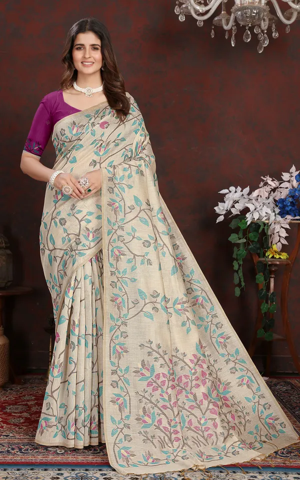 Tantuja_Inspired_Traditional_Floral_Nakshi_Jaal_Work_Soft_Jamdani_Saree_In_Beige_Indigo_Black_And_Multicolor