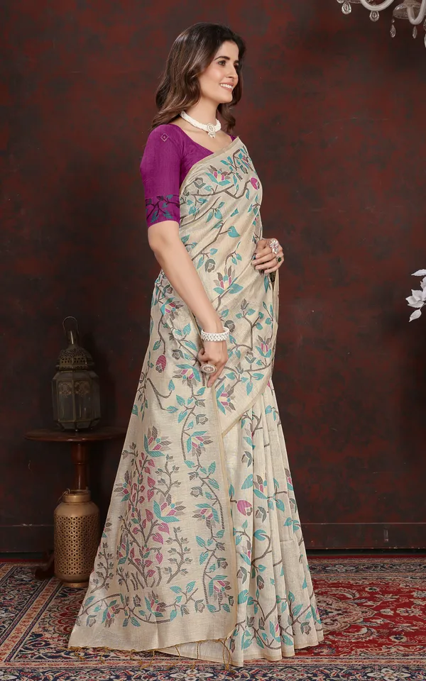 Tantuja_Inspired_Traditional_Floral_Nakshi_Jaal_Work_Soft_Jamdani_Saree_In_Beige_Indigo_Black_And_Multicolor