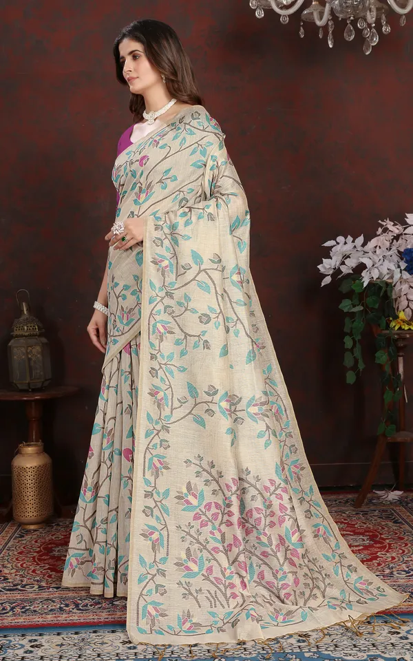 Tantuja_Inspired_Traditional_Floral_Nakshi_Jaal_Work_Soft_Jamdani_Saree_In_Beige_Indigo_Black_And_Multicolor