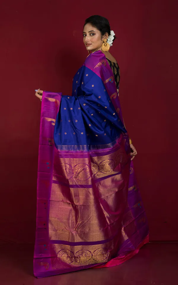 Exclusive_Hand_Woven_Polka_Dots_And_Muniya_Motif_Border_Work_Gadwal_Silk_Saree_In_Admiral_Blue_Purple_Dark_Green_Azure_Blue_And_Golden_Zari_Weave