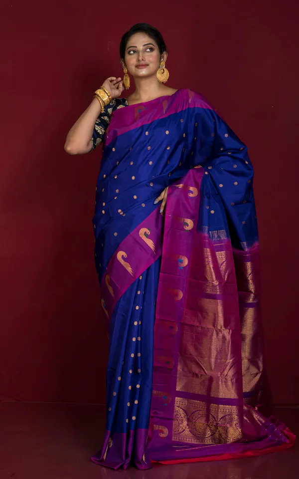 Exclusive_Hand_Woven_Polka_Dots_And_Muniya_Motif_Border_Work_Gadwal_Silk_Saree_In_Admiral_Blue_Purple_Dark_Green_Azure_Blue_And_Golden_Zari_Weave