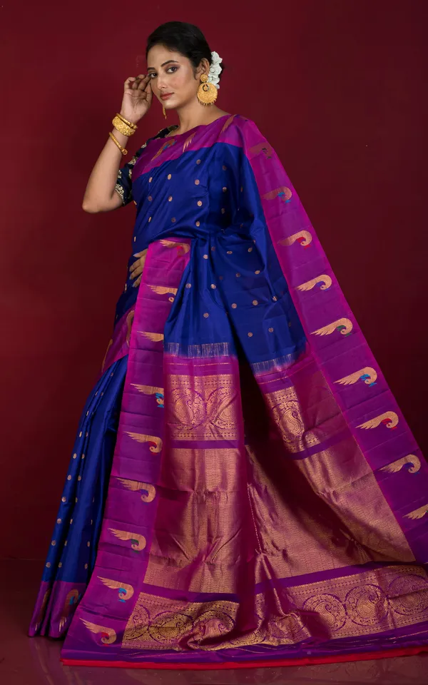 Exclusive_Hand_Woven_Polka_Dots_And_Muniya_Motif_Border_Work_Gadwal_Silk_Saree_In_Admiral_Blue_Purple_Dark_Green_Azure_Blue_And_Golden_Zari_Weave