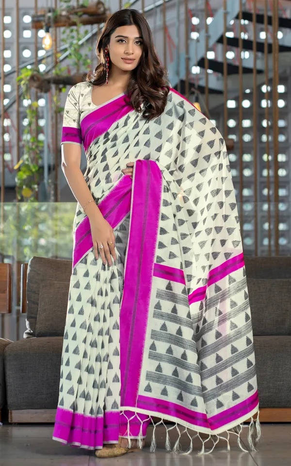 Designer_Soft_Jamdani_Saree_In_Off_White_Black_And_Pink