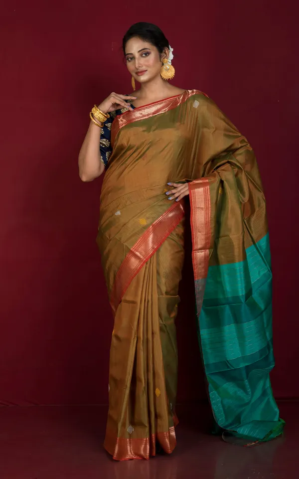Hand_Woven_Bishnupuri_Chatai_Medium_Border_Katan_Silk_Saree_In_Brown_Turquoise_And_Red