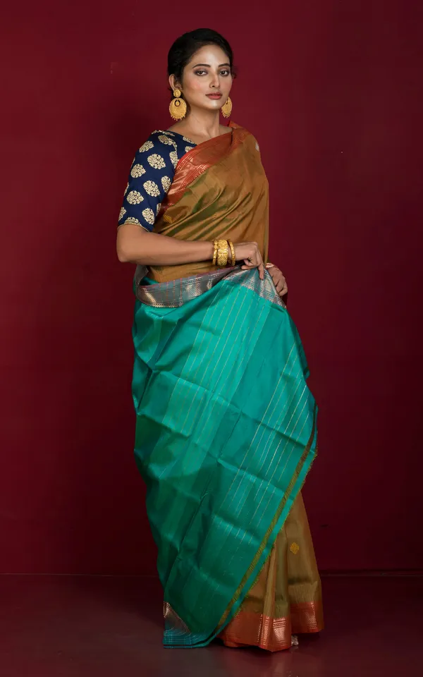 Hand_Woven_Bishnupuri_Chatai_Medium_Border_Katan_Silk_Saree_In_Brown_Turquoise_And_Red