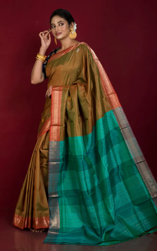 Hand_Woven_Bishnupuri_Chatai_Medium_Border_Katan_Silk_Saree_In_Brown_Turquoise_And_Red