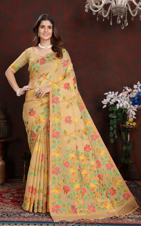 Tantuja_Inspired_Traditional_Soft_Jamdani_Saree_In_Warm_Beige_Golden_And_Multicolor_Nakshi_Thread_Weave