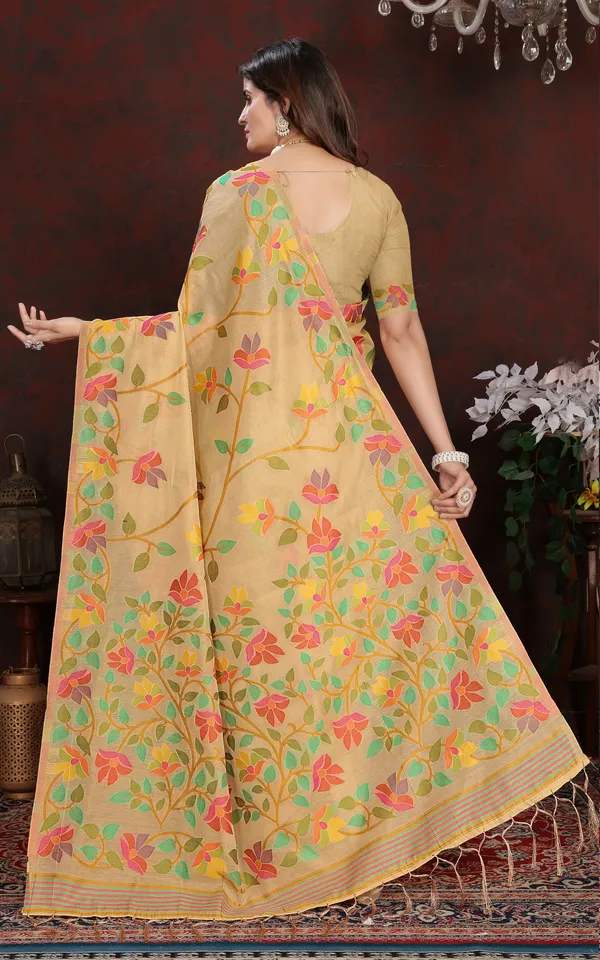 Tantuja_Inspired_Traditional_Soft_Jamdani_Saree_In_Warm_Beige_Golden_And_Multicolor_Nakshi_Thread_Weave