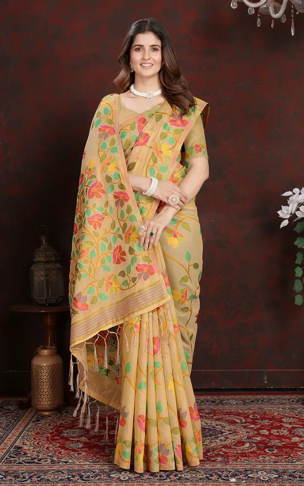 Tantuja_Inspired_Traditional_Soft_Jamdani_Saree_In_Warm_Beige_Golden_And_Multicolor_Nakshi_Thread_Weave