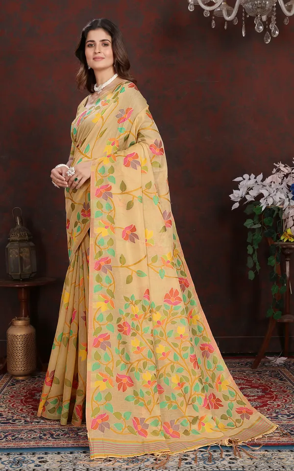Tantuja_Inspired_Traditional_Soft_Jamdani_Saree_In_Warm_Beige_Golden_And_Multicolor_Nakshi_Thread_Weave