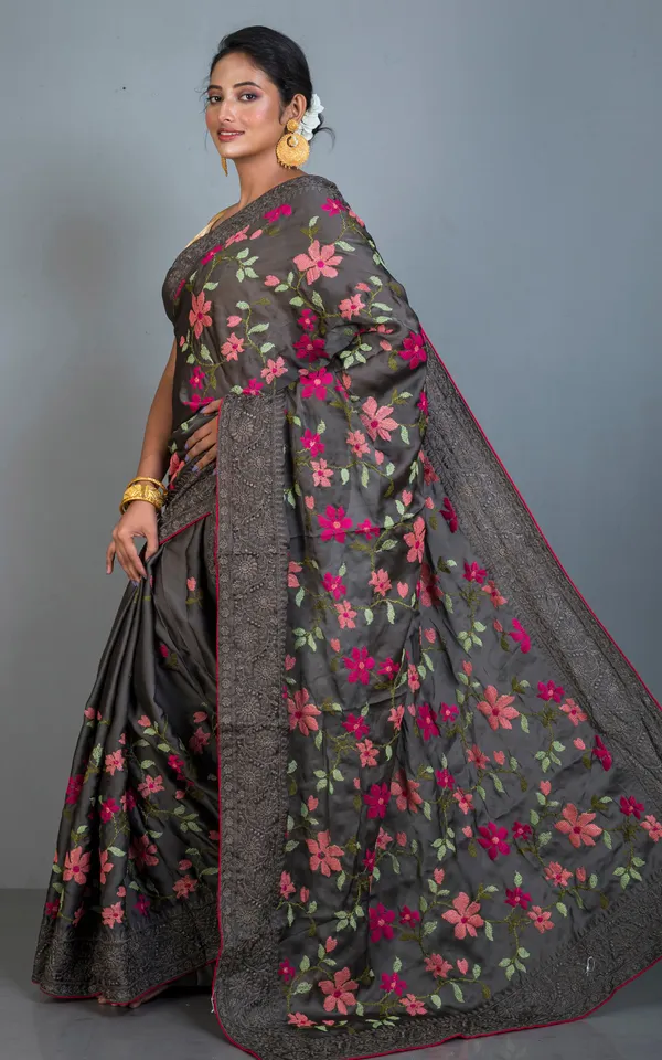Parsi_Cross_Stitch_Work_Designer_Italian_Crepe_Silk_Saree_In_Taupe_Brown_Hot_Pink_And_Multicolor_Thread_Work