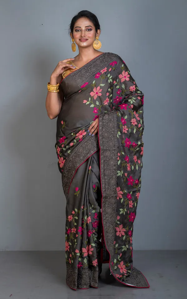 Parsi_Cross_Stitch_Work_Designer_Italian_Crepe_Silk_Saree_In_Taupe_Brown_Hot_Pink_And_Multicolor_Thread_Work