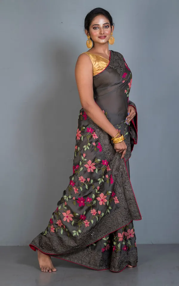 Parsi_Cross_Stitch_Work_Designer_Italian_Crepe_Silk_Saree_In_Taupe_Brown_Hot_Pink_And_Multicolor_Thread_Work