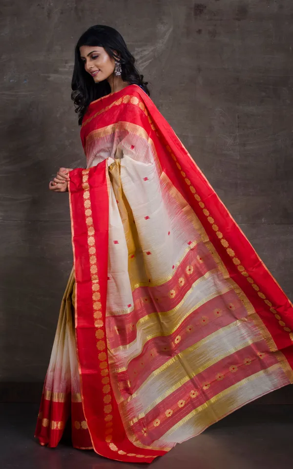 Traditional_Mahapar_Bengal_Tussar_Satin_Silk_Saree_In_Warm_Beige_Red_And_Off_White