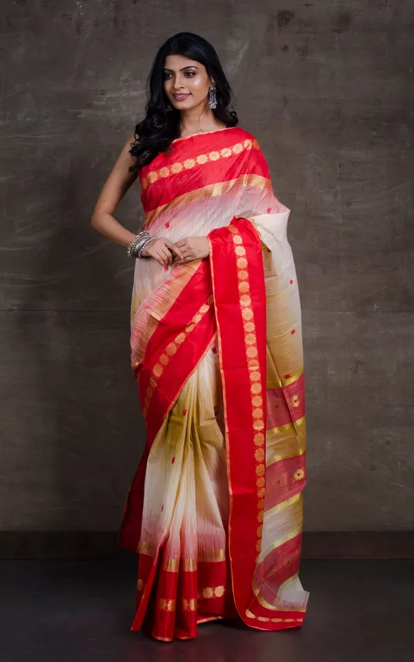 Traditional_Mahapar_Bengal_Tussar_Satin_Silk_Saree_In_Warm_Beige_Red_And_Off_White