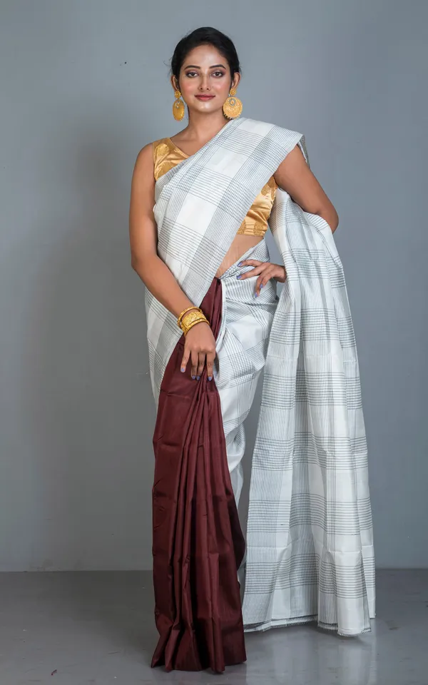 Half_And_Half_Soft_Bishnupuri_Designer_Katan_Silk_Saree_In_Off_White_Black_And_Penny_Brown